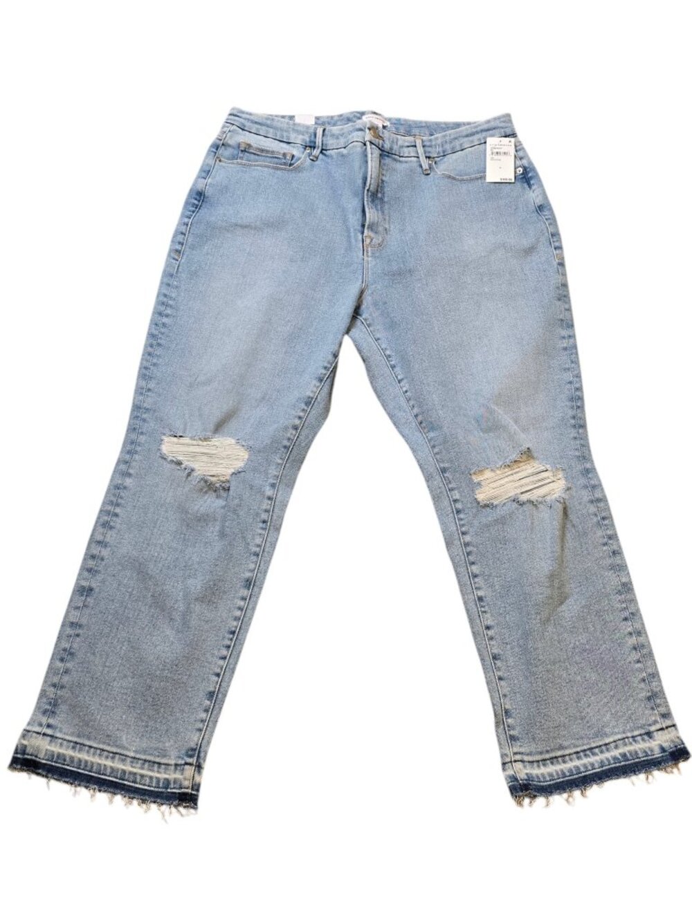 Good American Light Wash Distressed Straight Leg High Rise Jean Size 16
